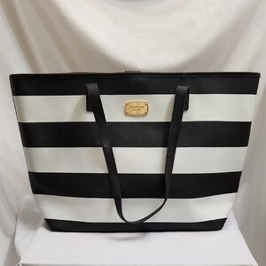 Michael Kors Jet Set Striped Large Black White Travel Tote